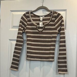 Full Tilt Brown and Cream Striped Long Sleeve Top NWT